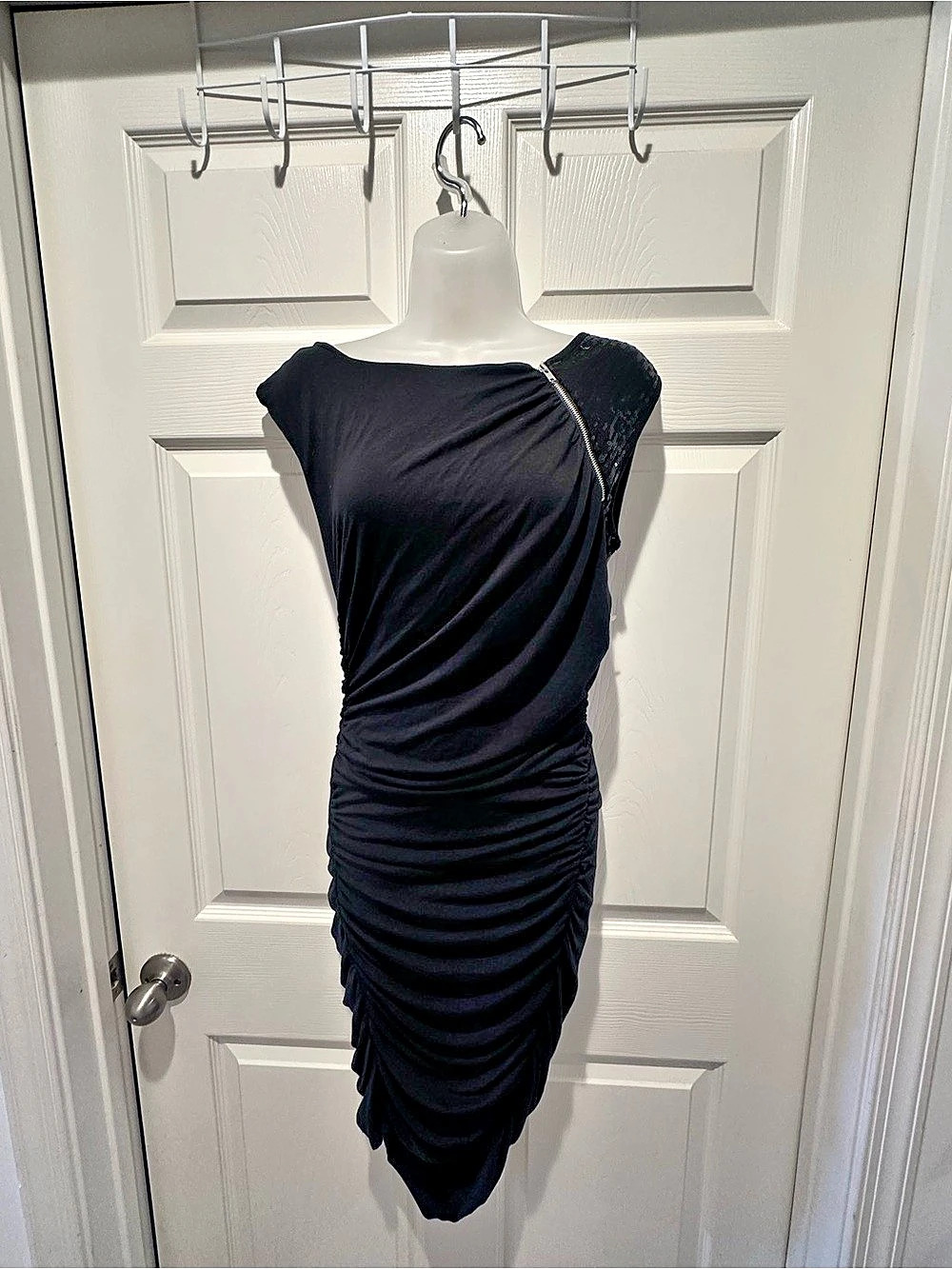 TART Black Sequin Zip Ruched Asymmetrical Sequin Shoulder Mini Dress in Black L